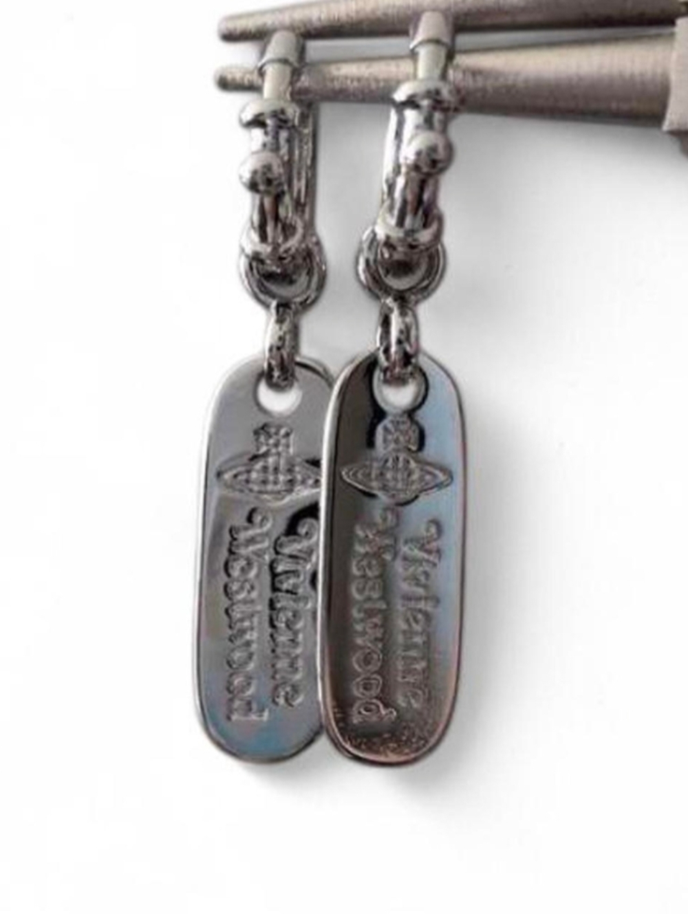 Gunmetal Dangle Tag Earrings with Engraved Logo